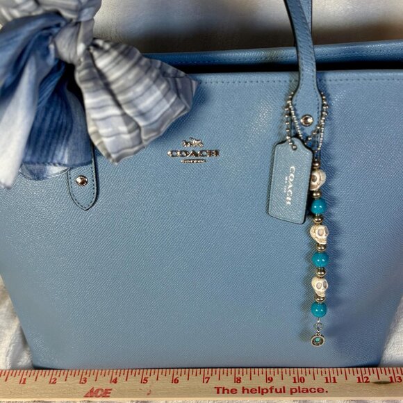 Coach City Zip Tote in Light Blue (Azure) with Scarf and Charm - Picture 7 of 10